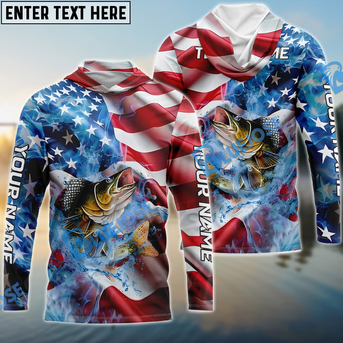 BlueJose Walleye Fishing American Flag Patriot Catch Design Name & Team Name 3D Shirts