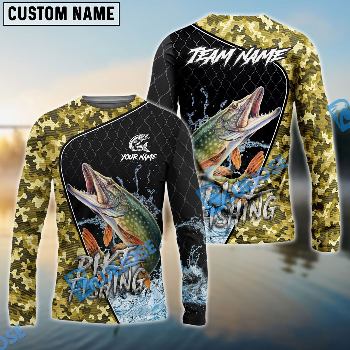 BlueJose Pike Fishing Camo Grid Water Pattern Graphic Custom Name & Team Name 3D Shirts