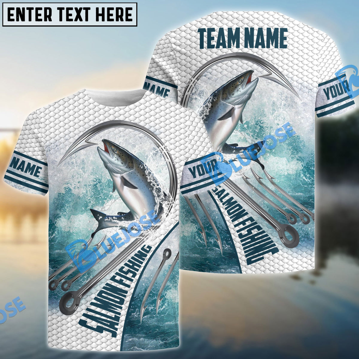 BlueJose Salmon Fishing White Fin Water Sport Custom Name & Team Name 3D Shirts