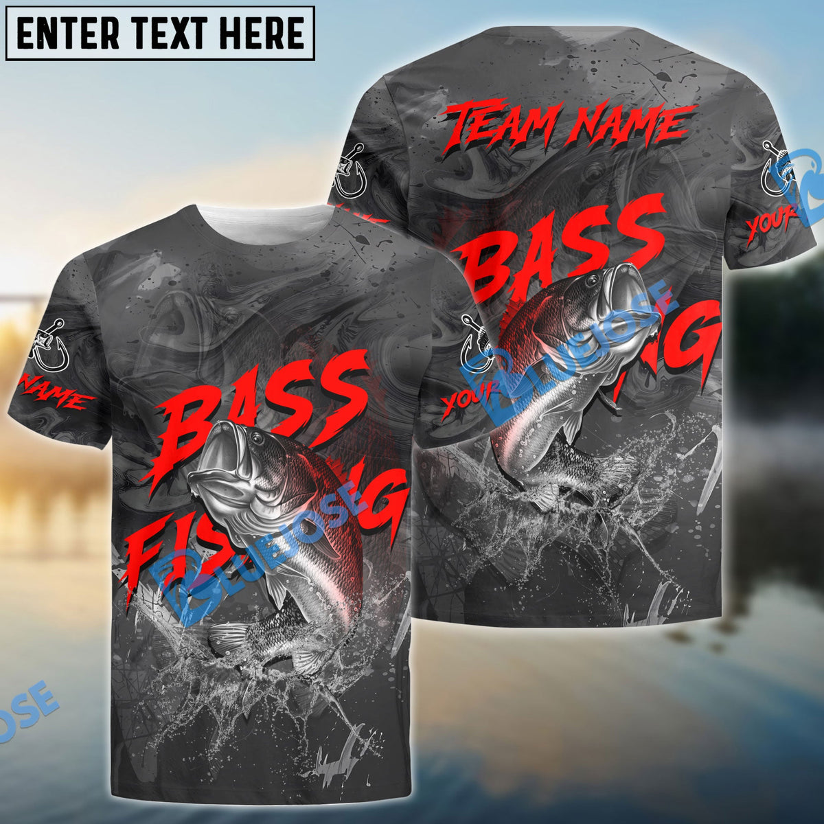 BlueJose Bass Fishing Red Gray Blur Custom Name & Team Name 3D Shirts