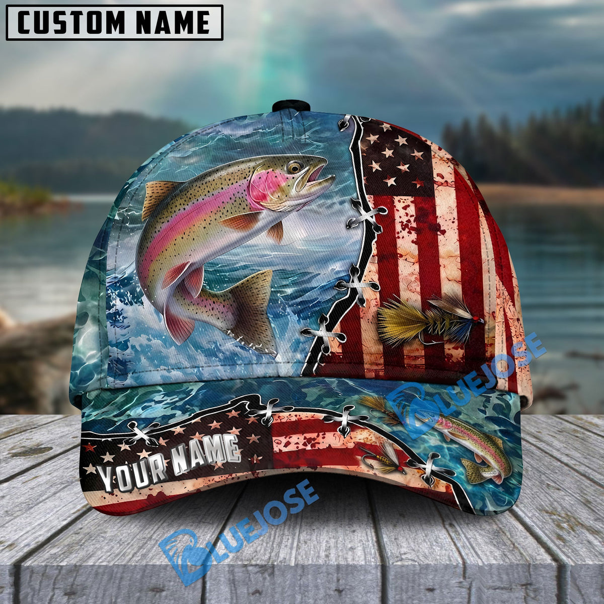 BlueJose Fishing American Flag Fishing Hook Aqua Scene Personalized Name Classic 3D Cap Personalized Cap (13 Breeds)