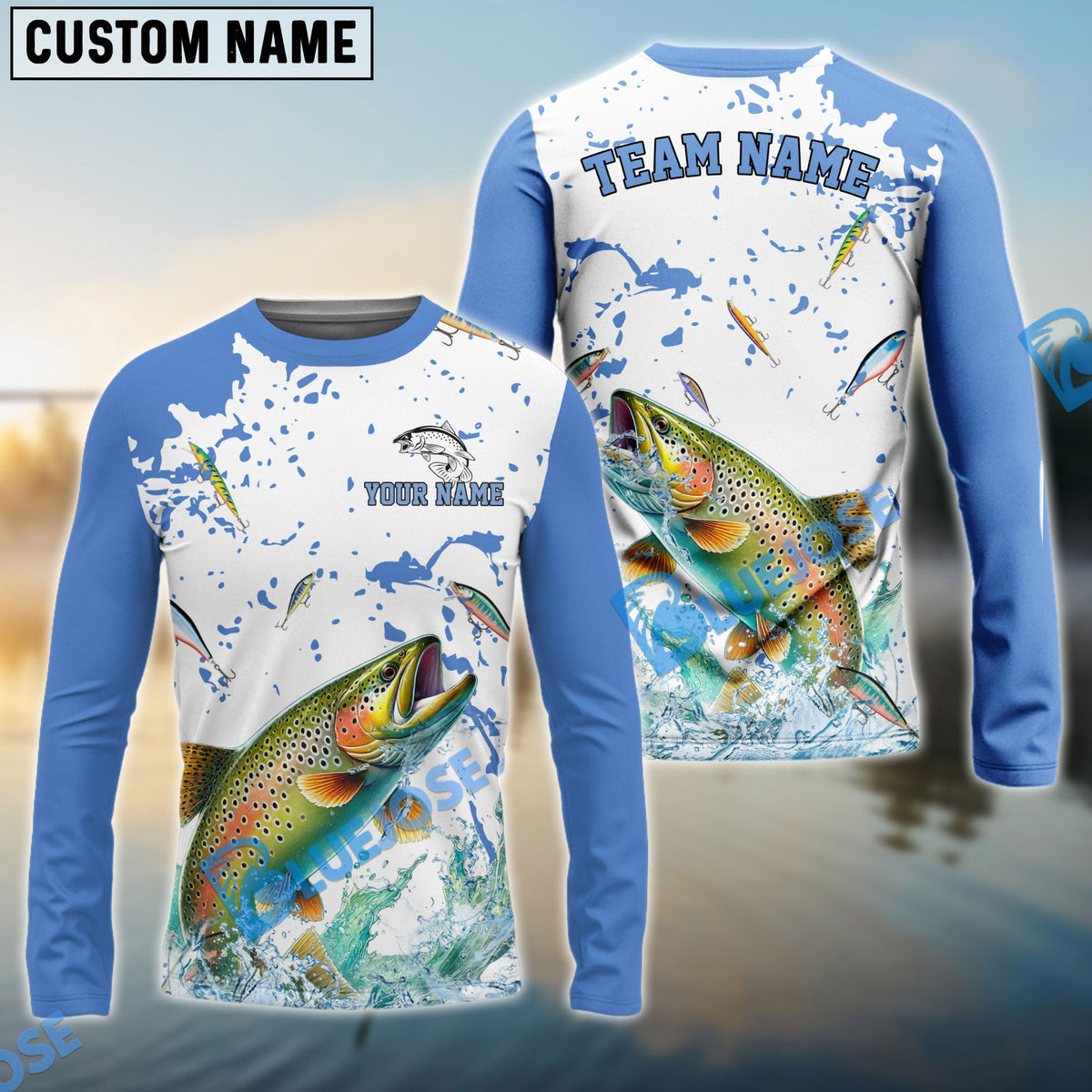 BlueJose Trout Fishing White Light Blue Custom Name & Team Name 3D Shirts