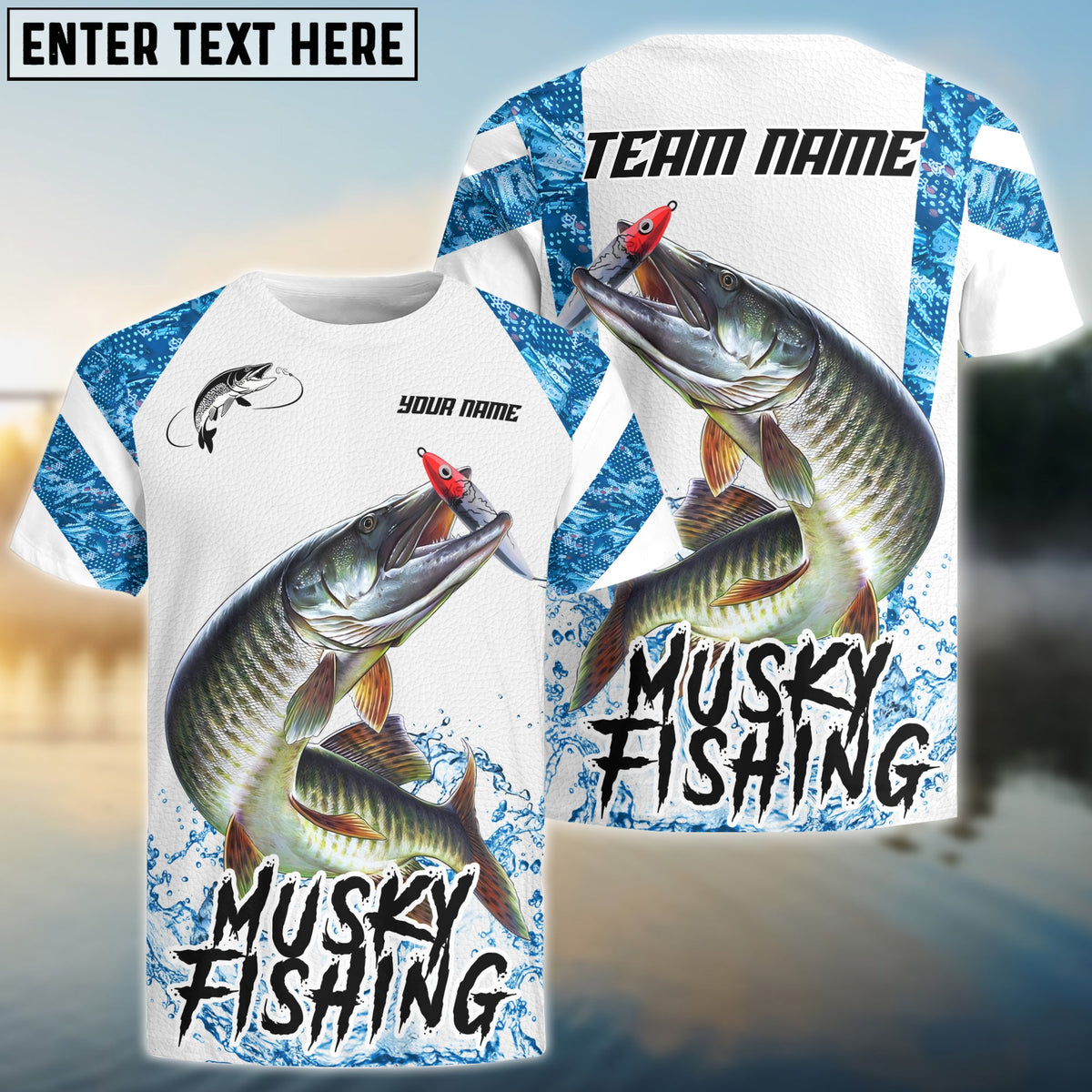 BlueJose Musky Fishing Blue Camo White Pattern Sport Custom Name & Team Name 3D Shirts