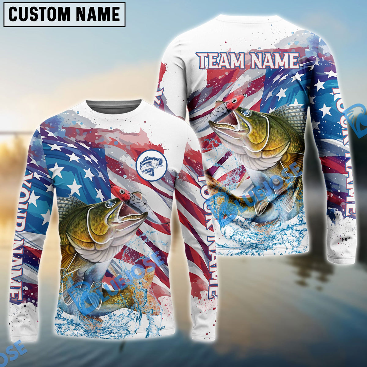 BlueJose Walleye Fishing Watercolor USA Flag Custom Name & Team Name Shirts