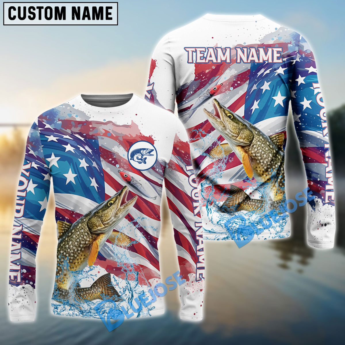 BlueJose Pike Fishing Watercolor USA Flag Custom Name & Team Name Shirts
