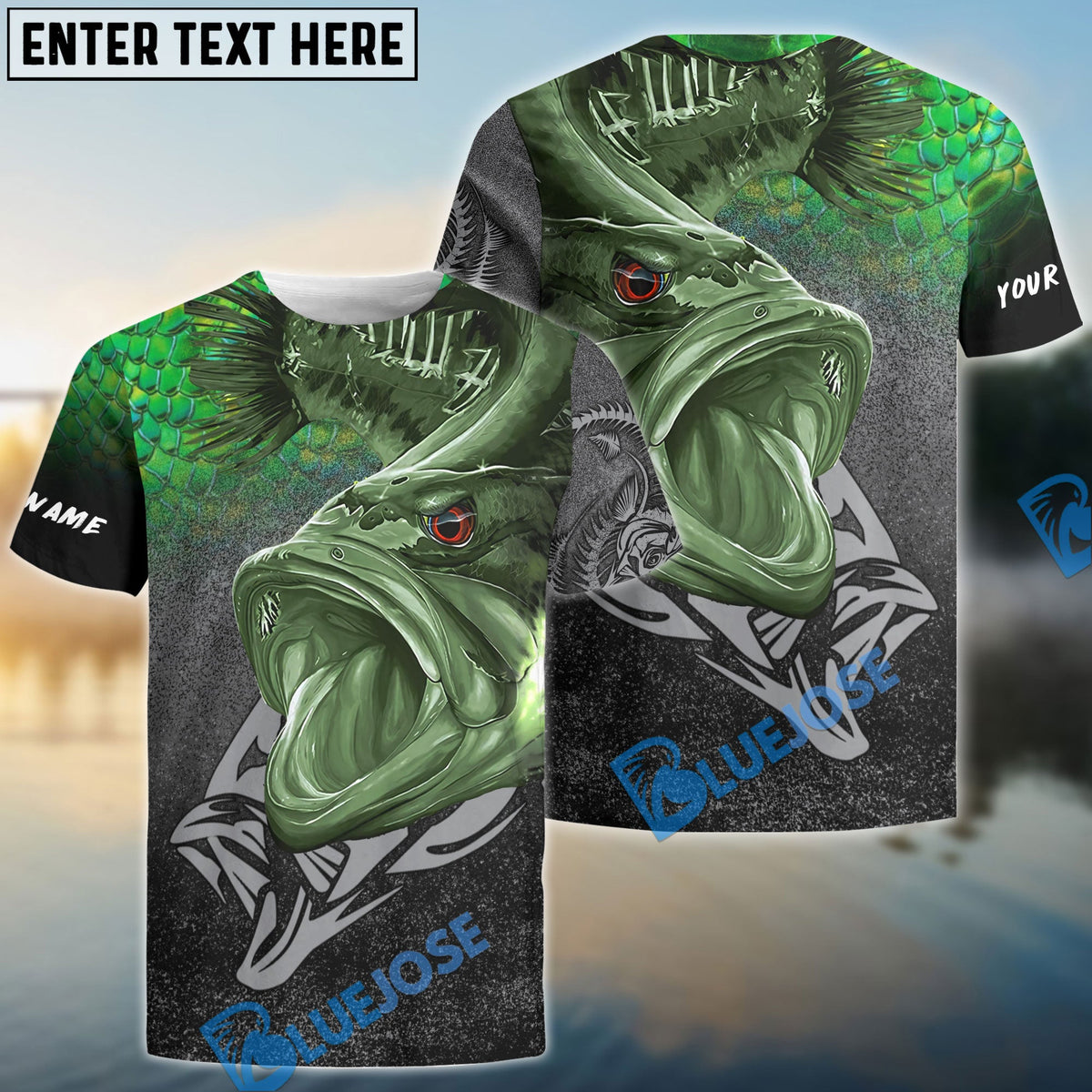 BlueJose Largemouth Bass Reaper Fish Skeleton Custom Name Fishing Shirt For Kids