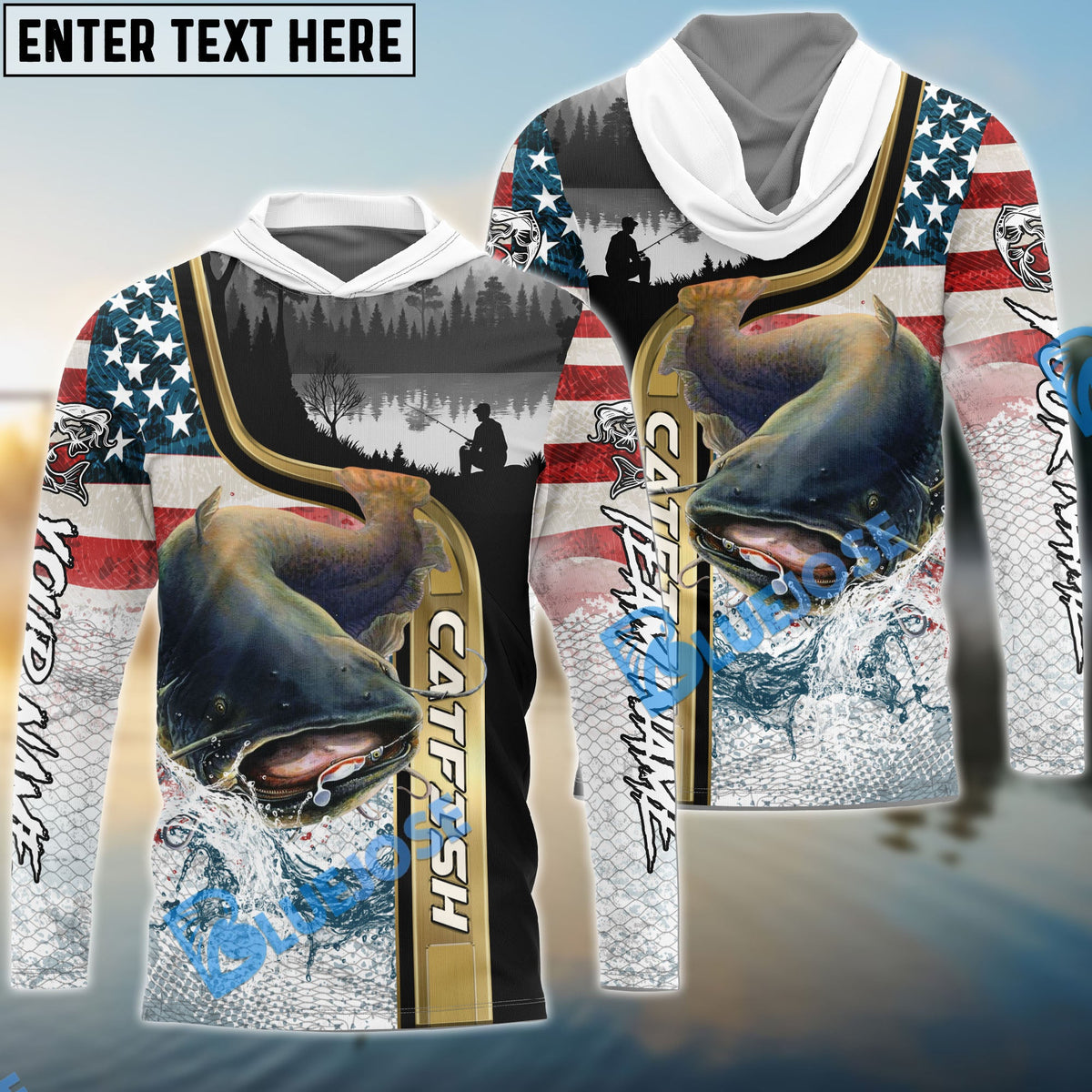 BlueJose Catfish Fishing Giant Fish Water Splash American Flag Landscape Custom Name & Team Name 3D Shirts