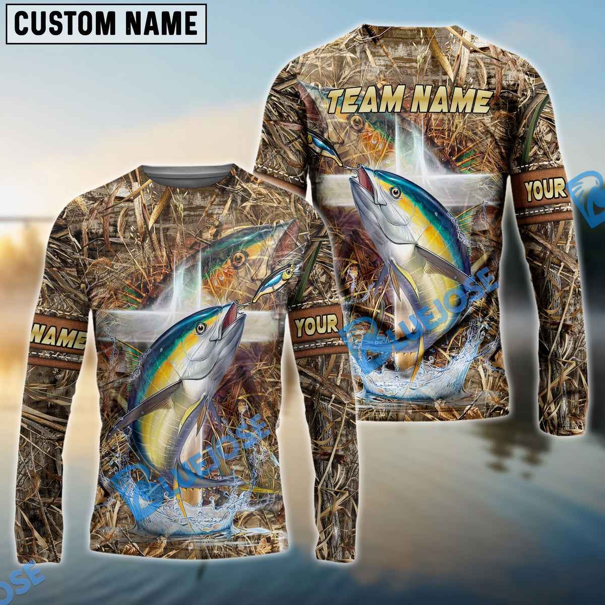 BlueJose Tuna Fishing Camo Cross Custom Name & Team Name 3D Shirts