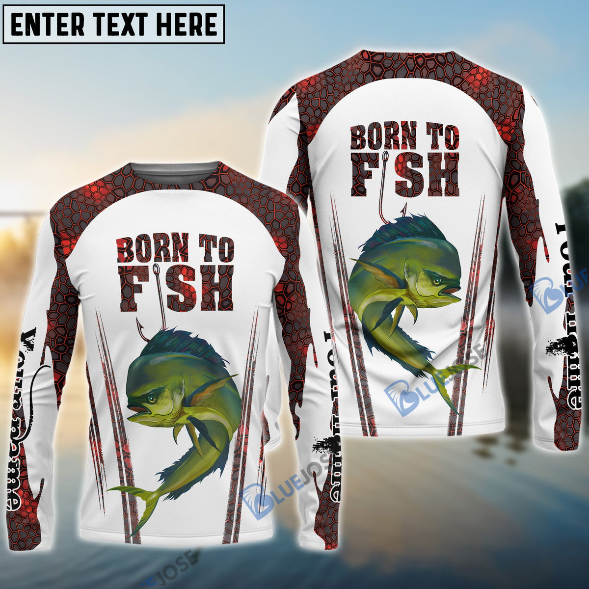 BlueJose "Born To Fish" Mahi Mahi Fishing Red Camo Custom Name Shirt