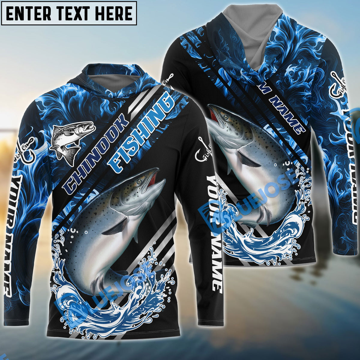 BlueJose Chinook Fishing Blue Smoke Water Pattern Custom Name & Team Name 3D Shirts