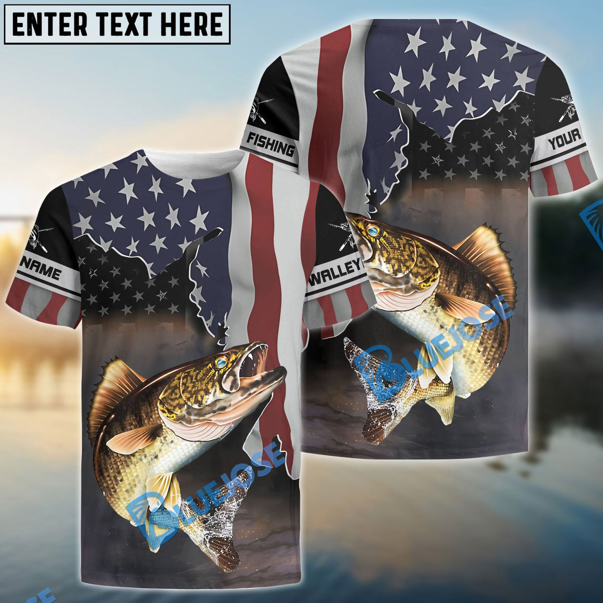 BlueJose Walleye Fishing American Flag Fishing Long Sleeves