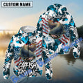 BlueJose Catfish Fishing American Flag Light Blue Camo Custom Name Windbreaker Jacket
