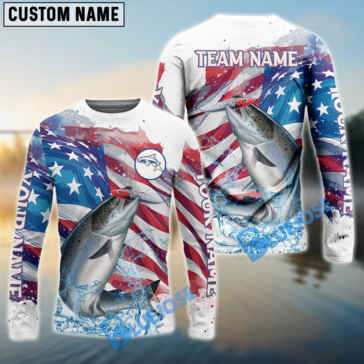 BlueJose Salmon Fishing Watercolor USA Flag Custom Name & Team Name Shirts