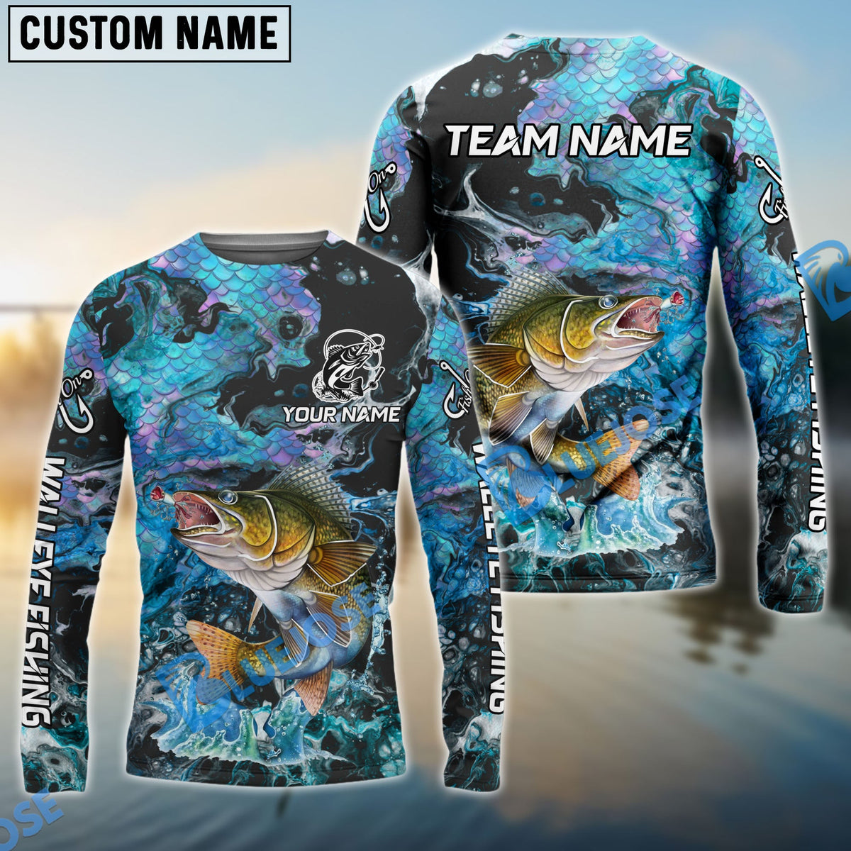 BlueJose Walleye Fishing Blue Fishing Skin Pattern Name & Team Name 3D Shirts