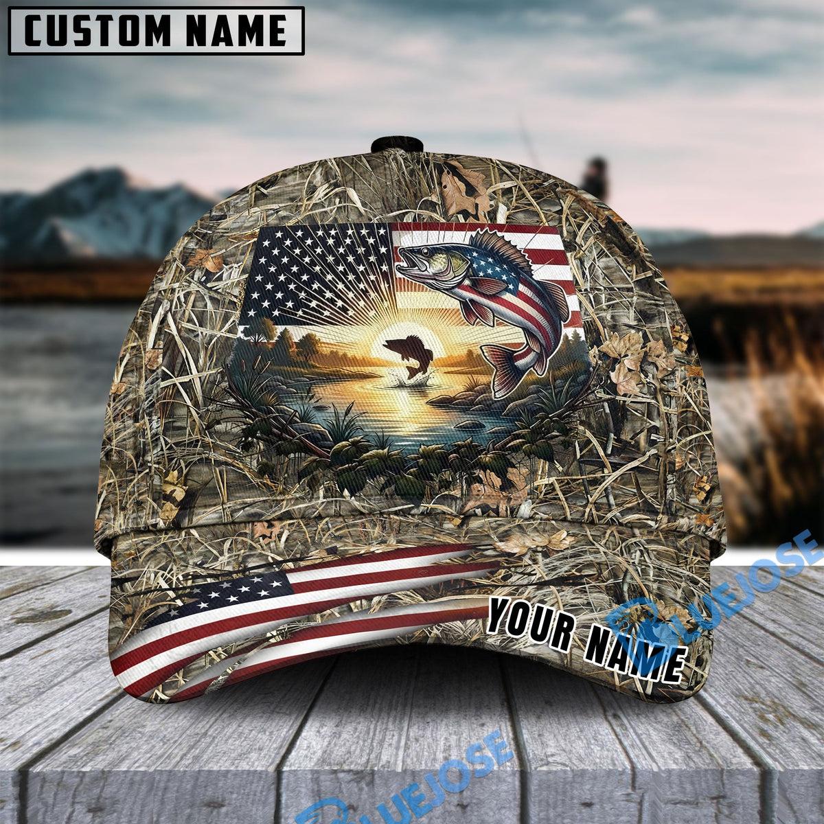 BlueJose Fishing American Flag Sunrise Farm Scene Camo Custom Name 3D Cap (12 Breeds)
