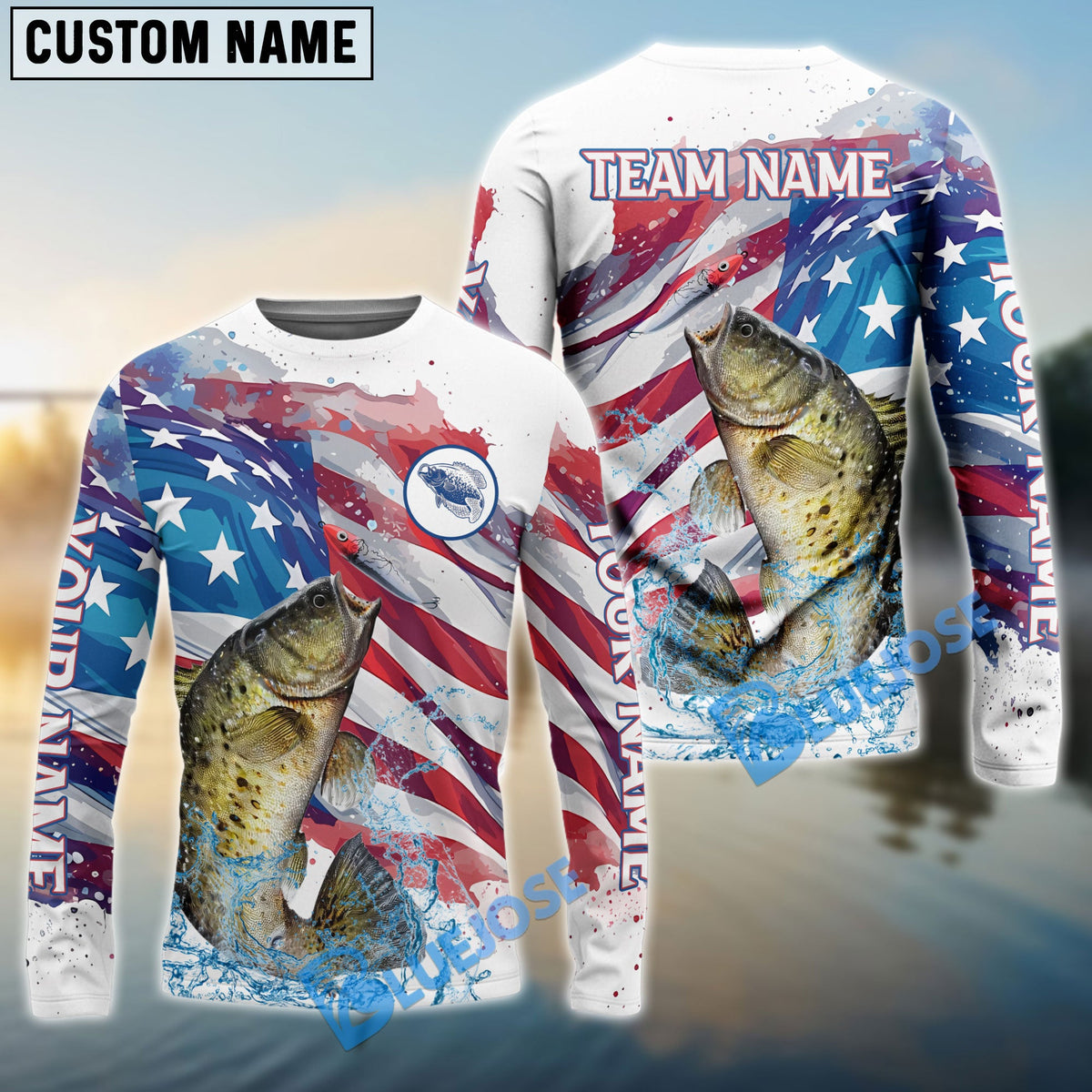 BlueJose Crappie Fishing Watercolor USA Flag Custom Name & Team Name Shirts