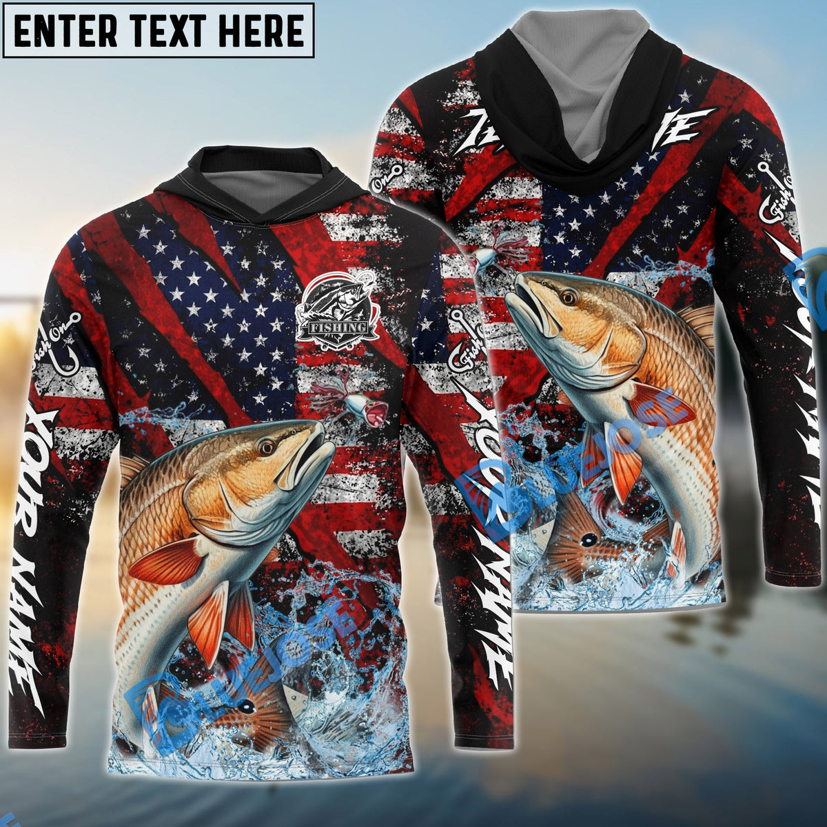 BlueJose Redfish Fishing American Flag Grunge Red Scratch Custom Name & Team Name 3D Shirts