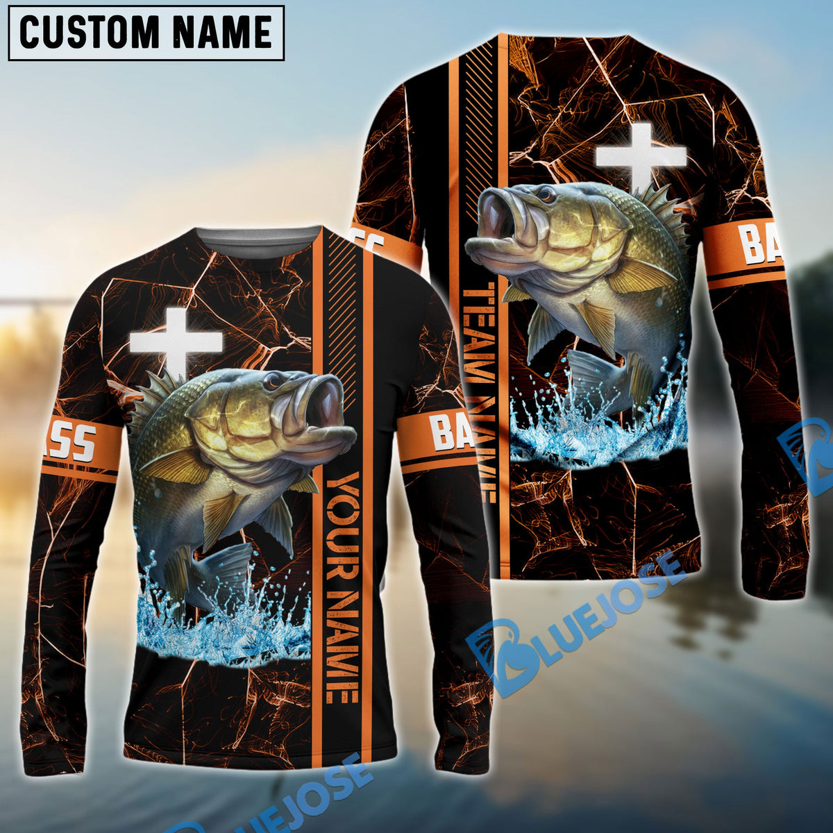 BlueJose Bass Fishing Orange Cross Pattern Custom Name & Team Name 3D Shirts