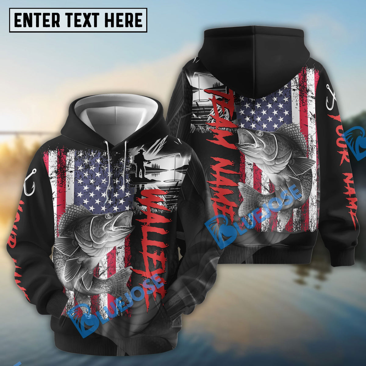BlueJose Walleye Fishing  Black US Flag Sport Custom Name & Team Name 3D Shirts