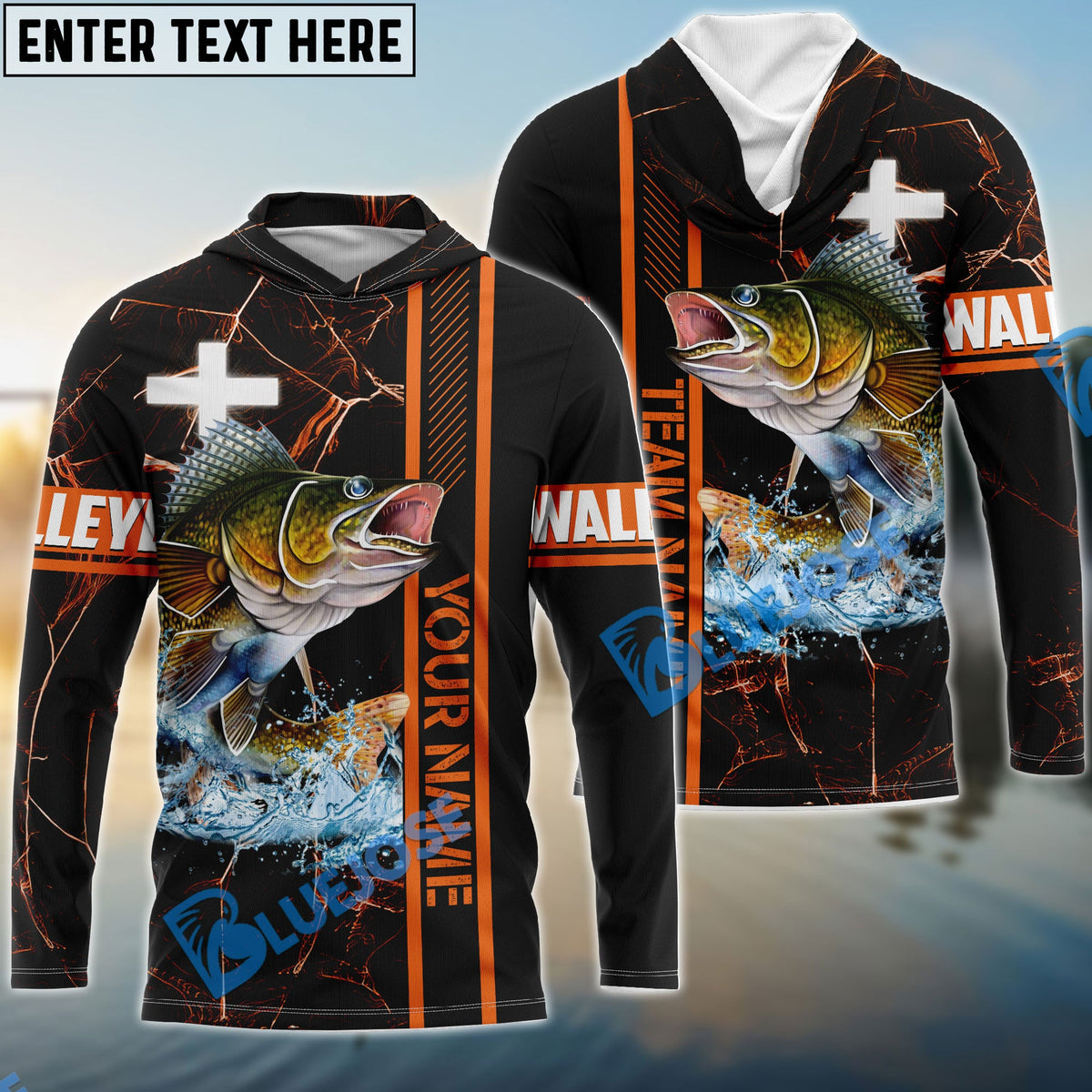 BlueJose Walleye Fishing Orange Cross Pattern Sun Protection Custom Name & Team Name 3D Shirts