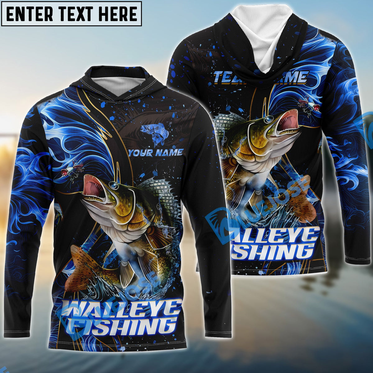 BlueJose Walleye Fishing Blue Flame Smoke Line Premium Style Sport Custom Name & Team Name 3D Shirts