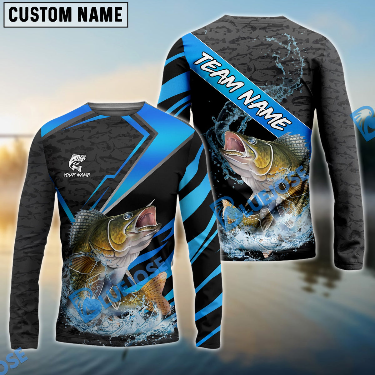 BlueJose Walleye Fishing Premium Fish Pattern Name & Team Name 3D Shirts