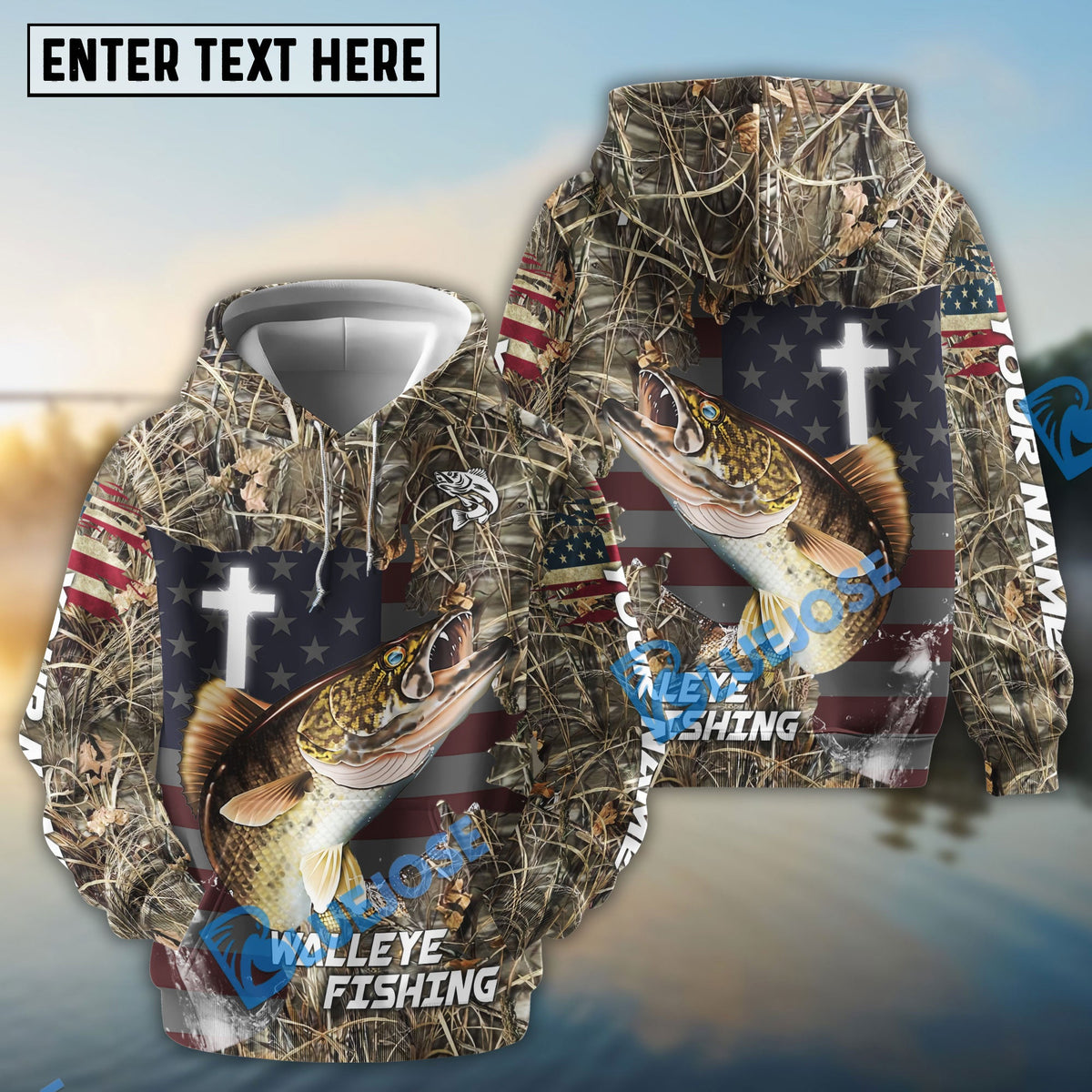 BlueJose Walleye Fishing Cross Camo Custom Name & Team Name 3D Shirts