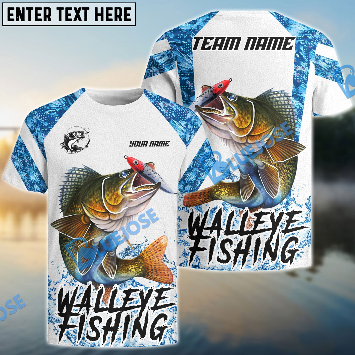 BlueJose Walleye Fishing Blue Camo White Pattern Sport Custom Name & Team Name 3D Shirts