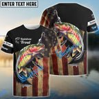 BlueJose Rainbow Trout Fishing Fish Hook American Flag Patriot Custom Name 3D Shirts
