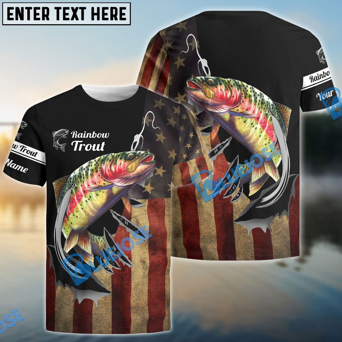BlueJose Rainbow Trout Fishing Fish Hook American Flag Patriot Custom Name 3D Shirts
