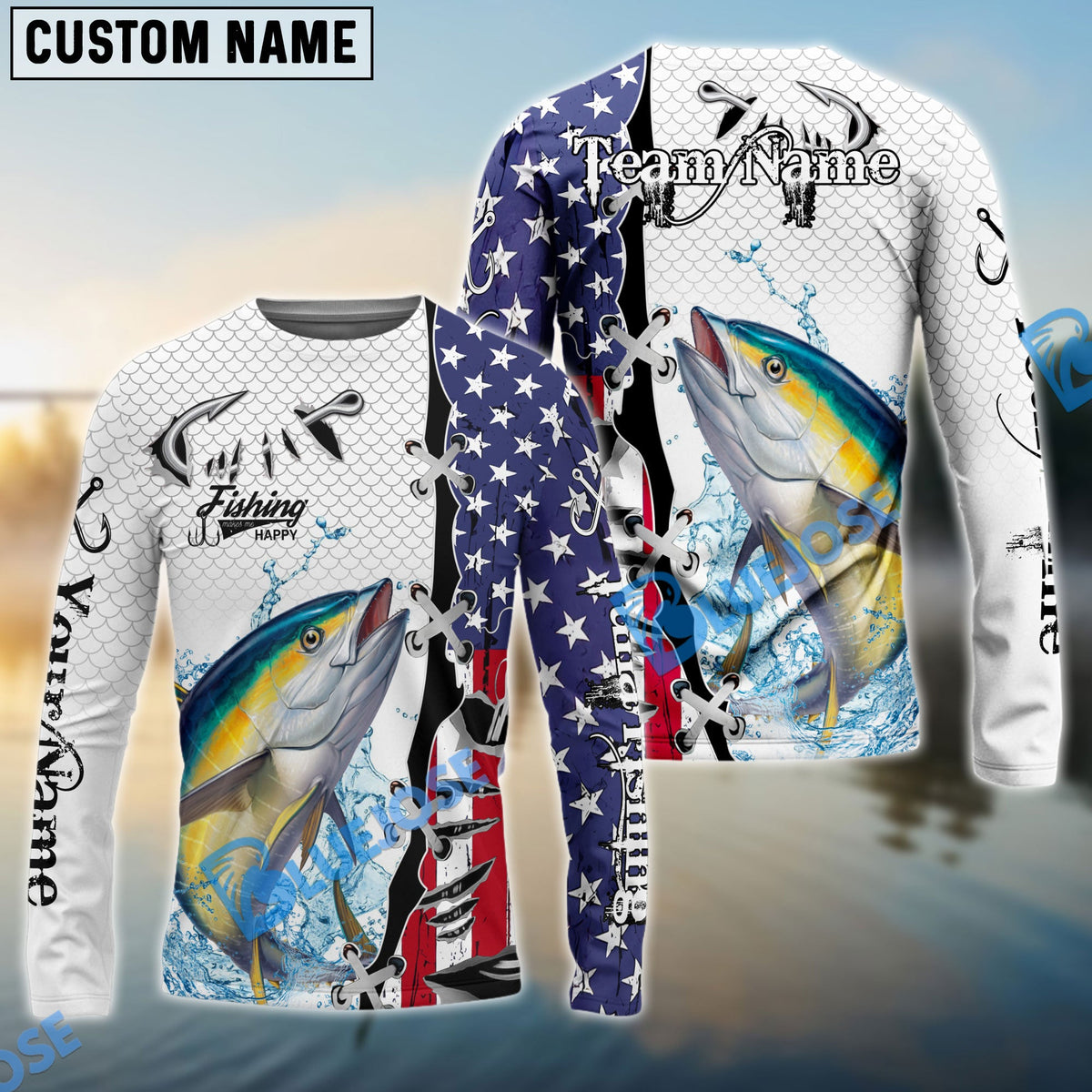 BlueJose Tuna Fishing American Flag Splash Custom Name & Team Name 3D Shirts