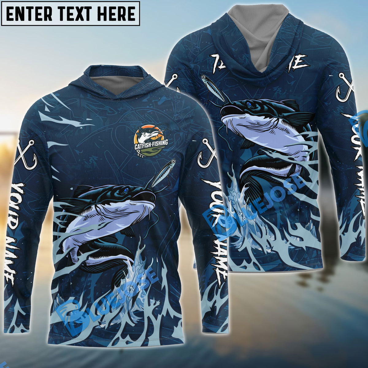 BlueJose Catfish Fishing Navy Water Pattern Custom Name & Team Name 3D Shirts
