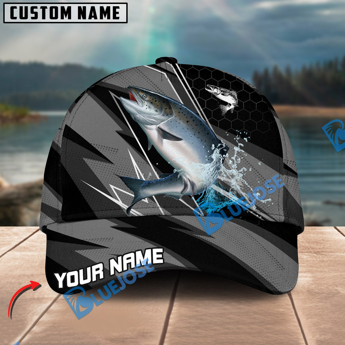 BlueJose Fishing Gray Jumping Water Splash Graphic Personalized Cap (13 Breeds)