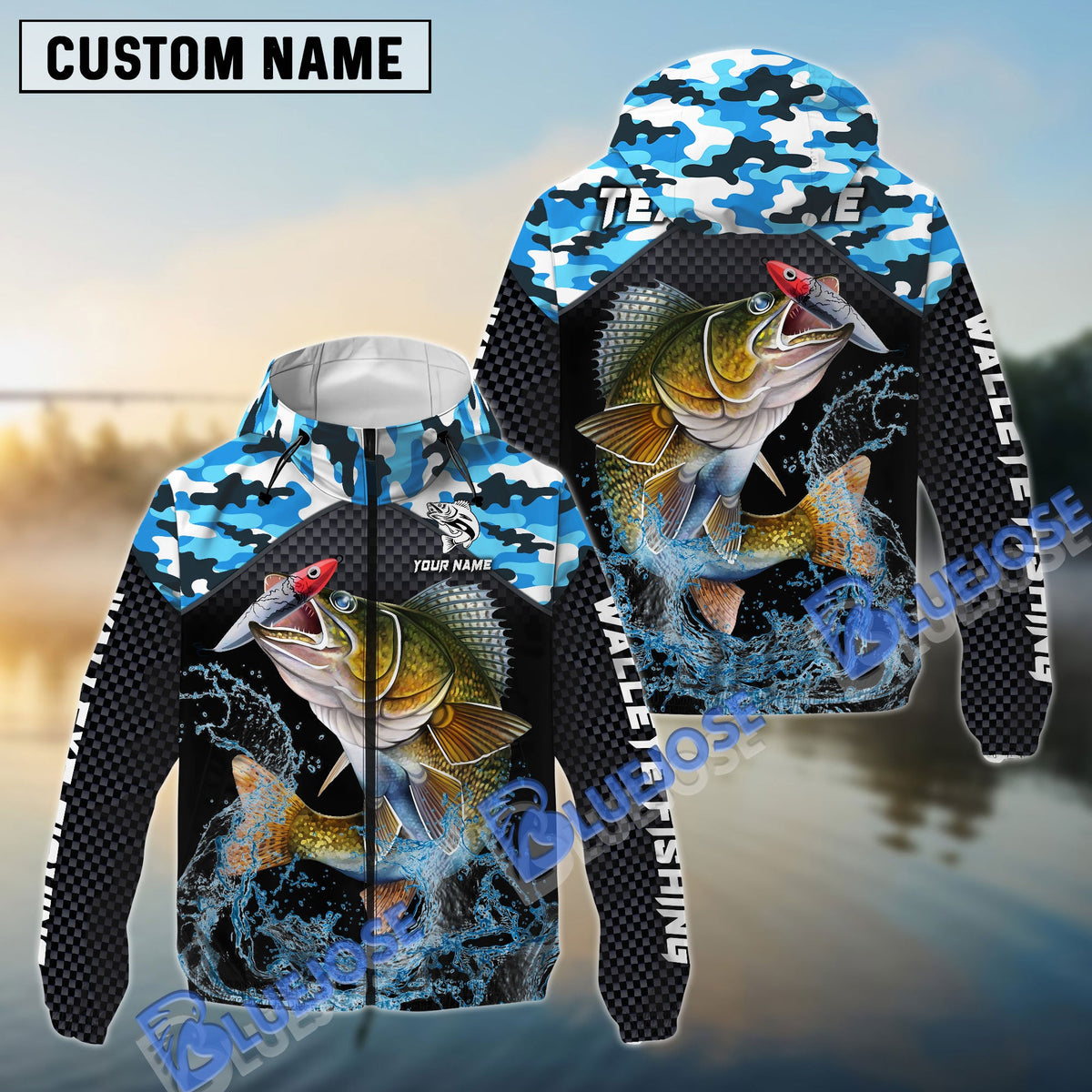 BlueJose Walleye Fishing Blue Camo Sport Custom Name Windbreaker Jacket