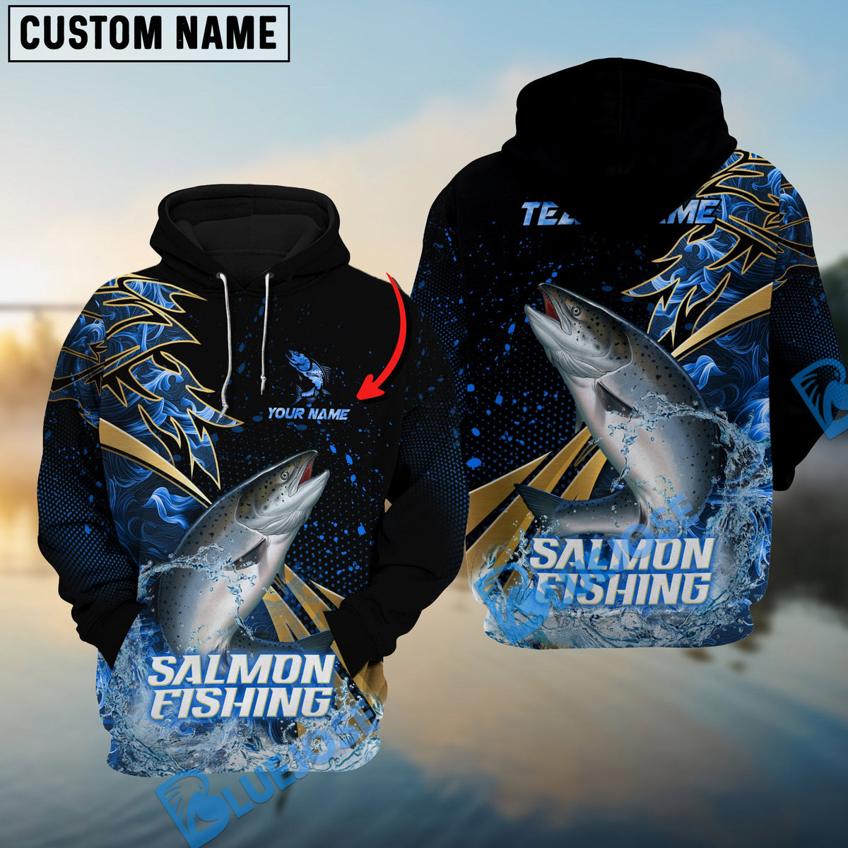 BlueJose Salmon Fishing Hooked Jump Splash Custom Name & Team Name 3D Shirts