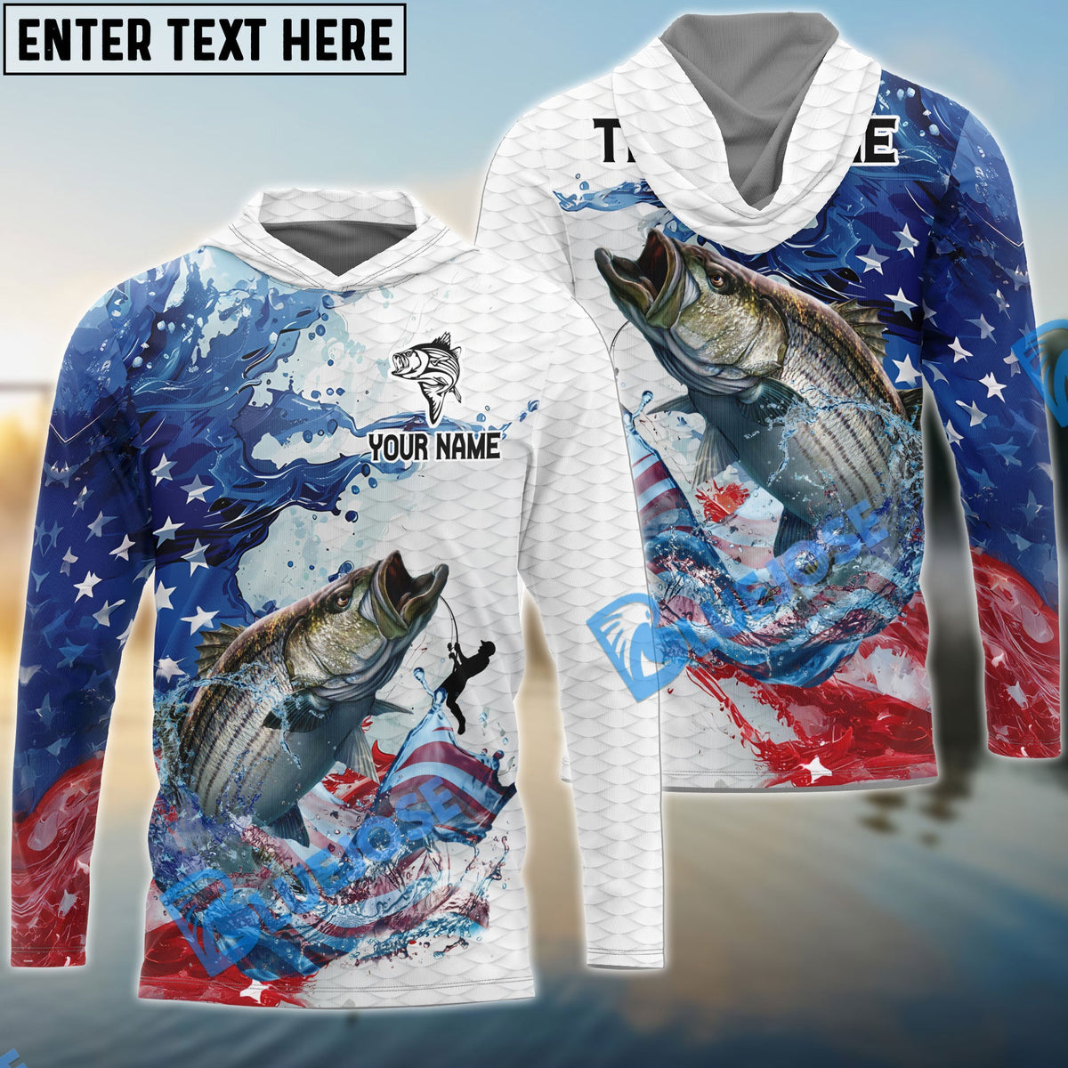 BlueJose Striped Bass Fishing Patriotic American Flag Wave White Skin Custom Name & Team Name 3D Shirts