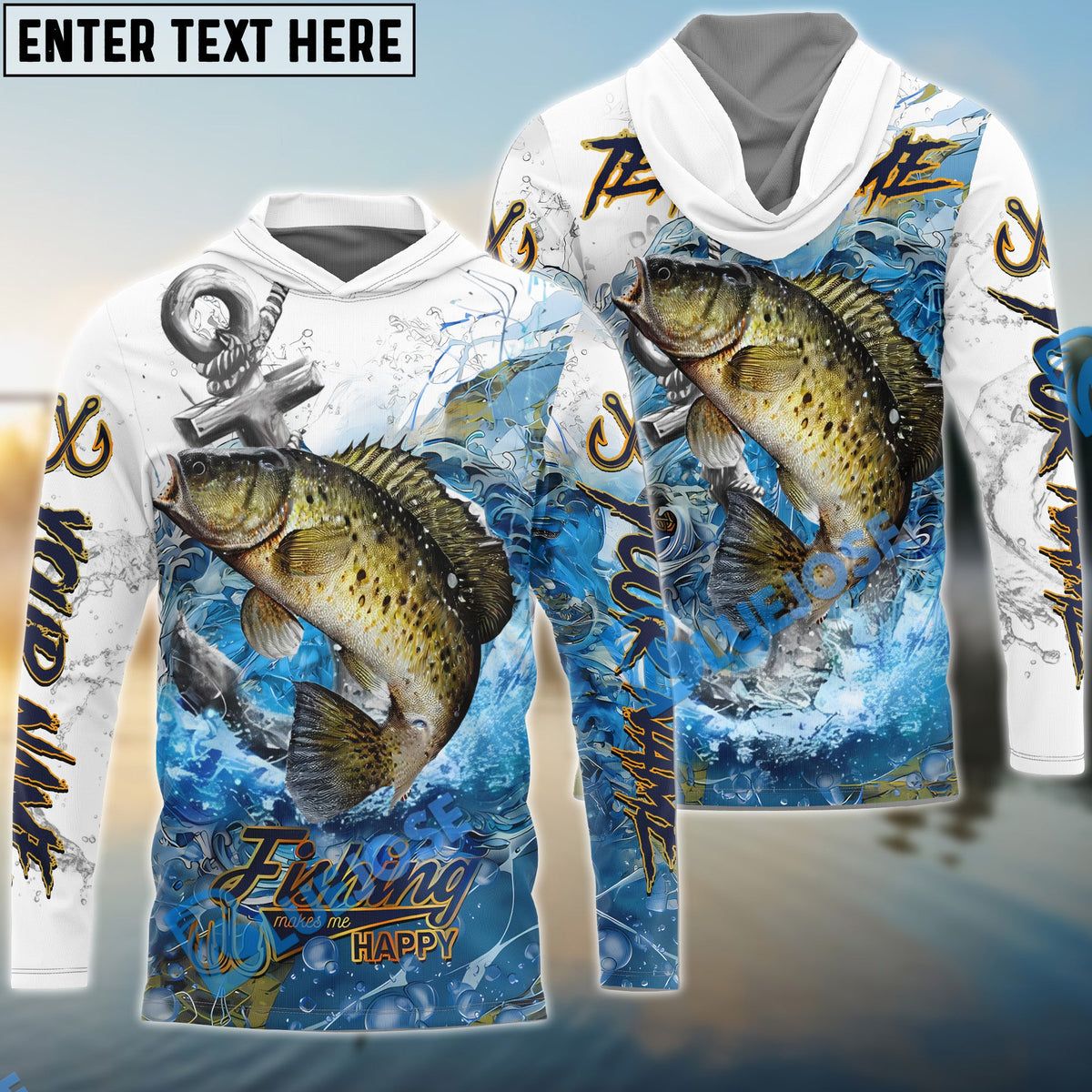 BlueJose Crappie Fishing Anchor Ocean Splash Design Name & Team Name 3D Shirts