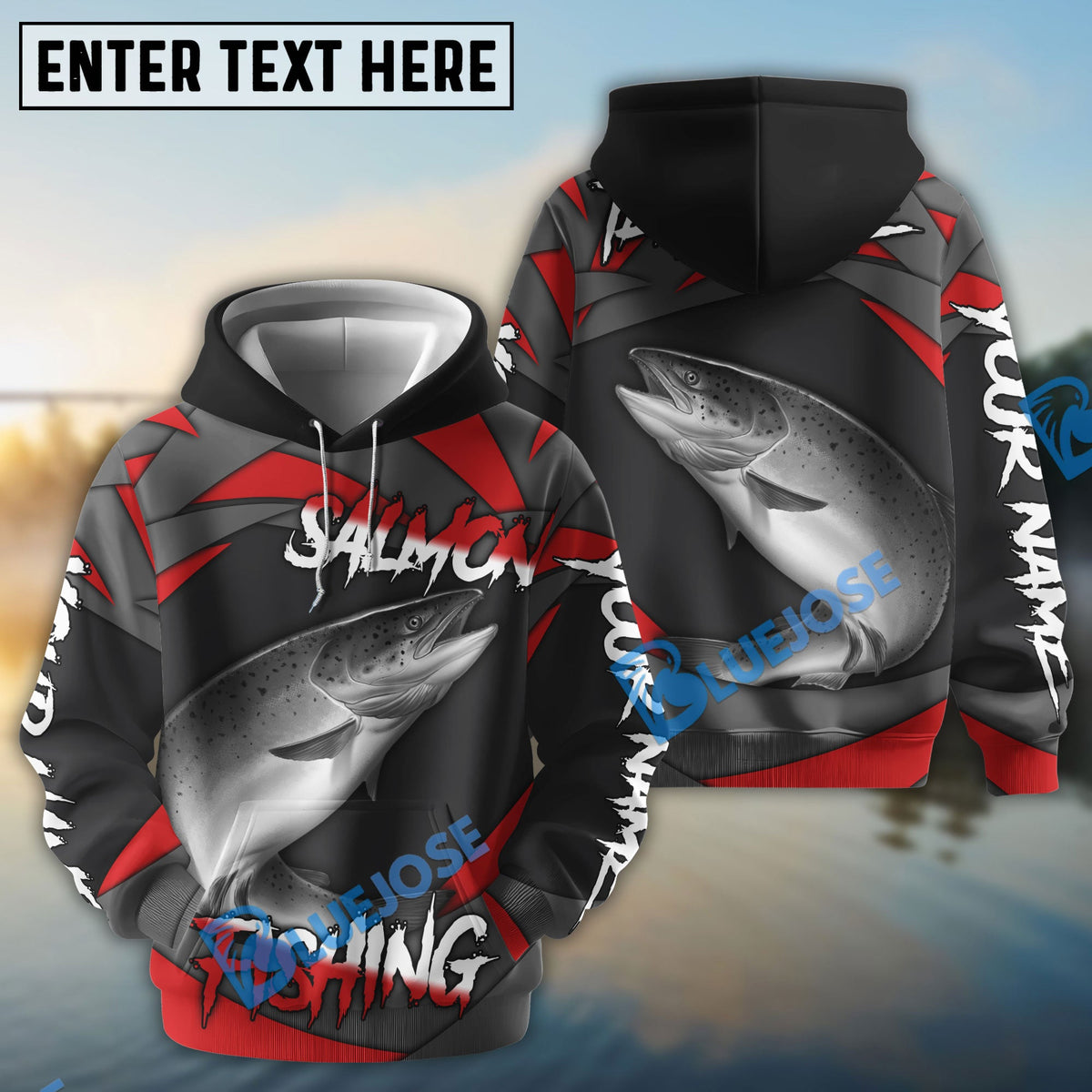 BlueJose Salmon Fishing Red Gray Spinning Pattern Custom Name & Team Name 3D Shirts