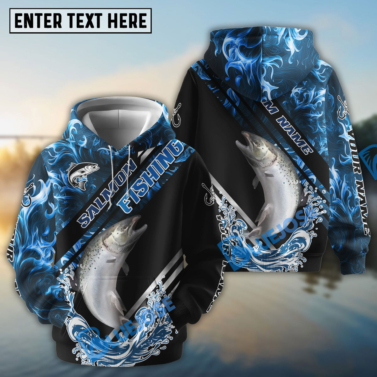 BlueJose Salmon Fishing Blue Smoke Water Pattern Custom Name & Team Name 3D Shirts