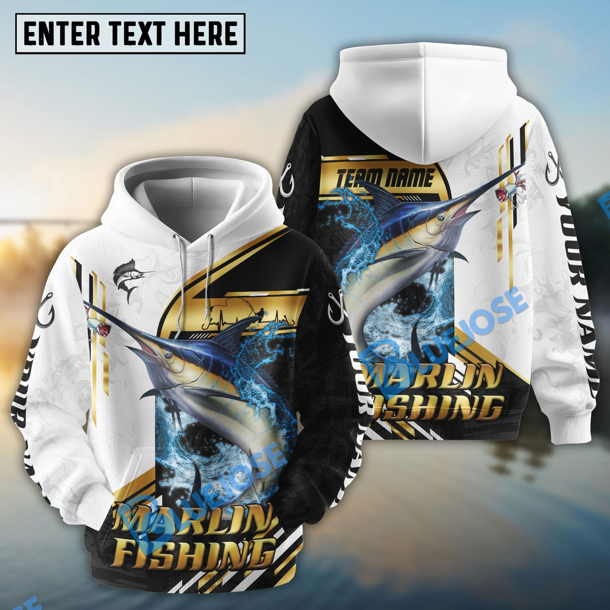 BlueJose Marlin Fishing Hook Graphic & Jumping Fish Art Custom Name & Team Name 3D Shirts