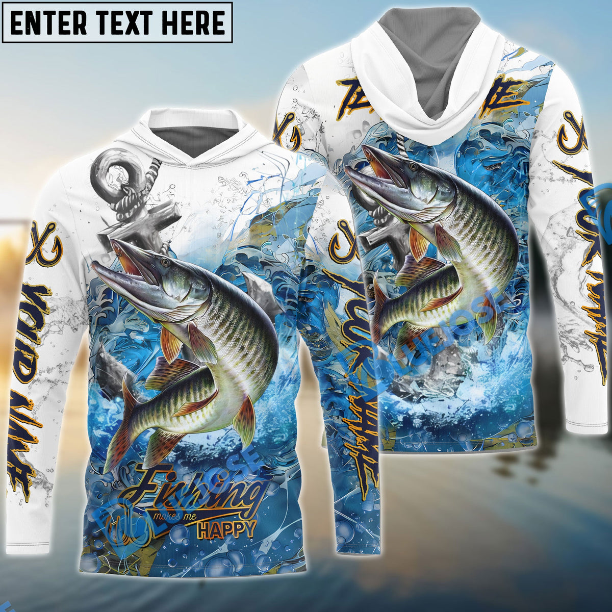 BlueJose Musky Fishing Anchor Ocean Splash Design Name & Team Name 3D Shirts