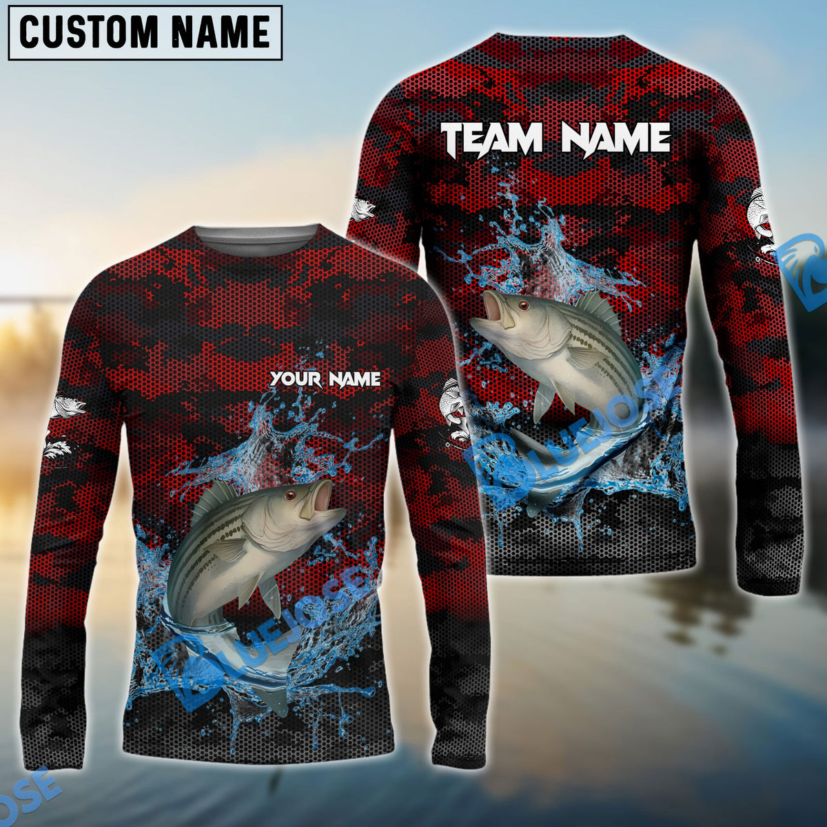BlueJose Striped Bass Fishing Red Grunge Camo Design Name & Team Name 3D Shirts