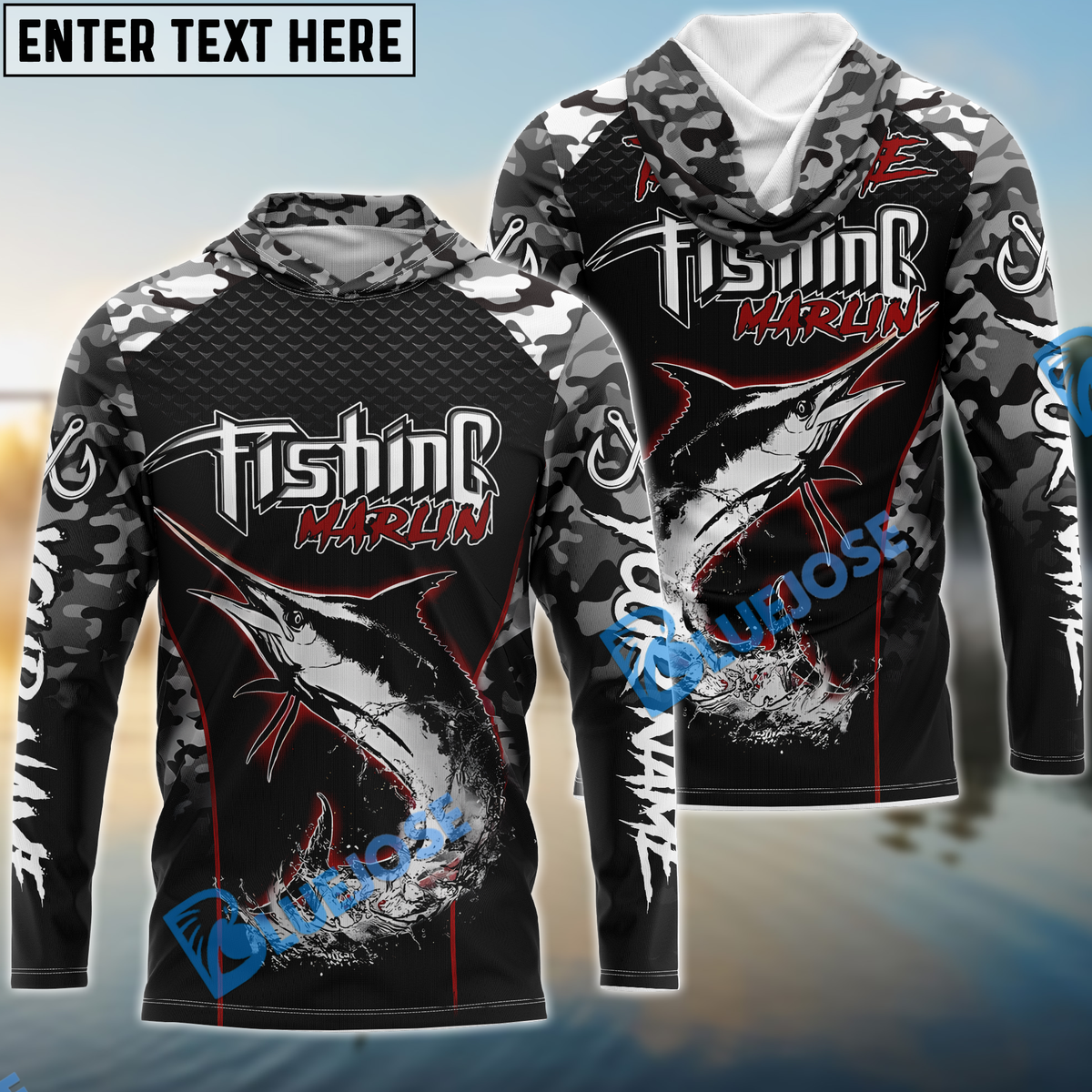 BlueJose Marlin Fishing Aggressive Red Splash Camo Pattern Sport Custom Name & Team Name 3D Shirts
