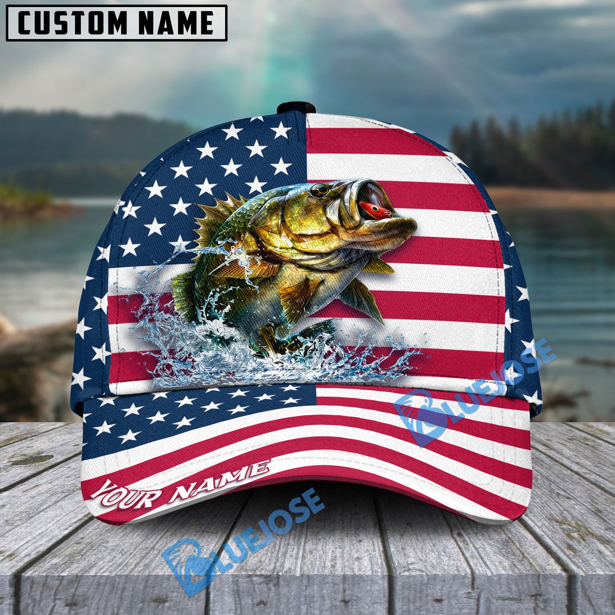 BlueJose Bass Fishing National American Flag Personalized Cap