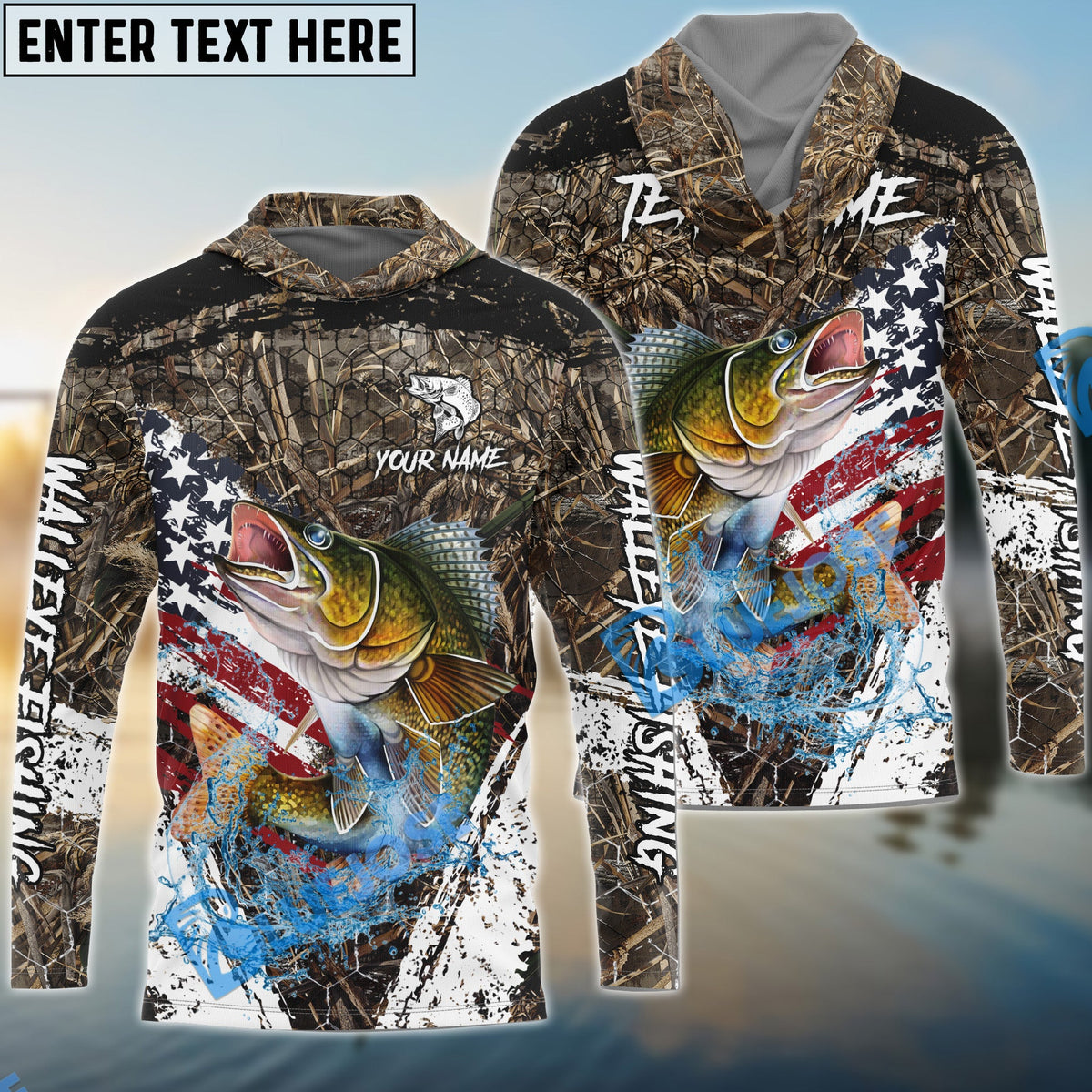 BlueJose Walleye Fishing American Flag Scratch Grass Camo Custom Name & Team Name 3D Shirts