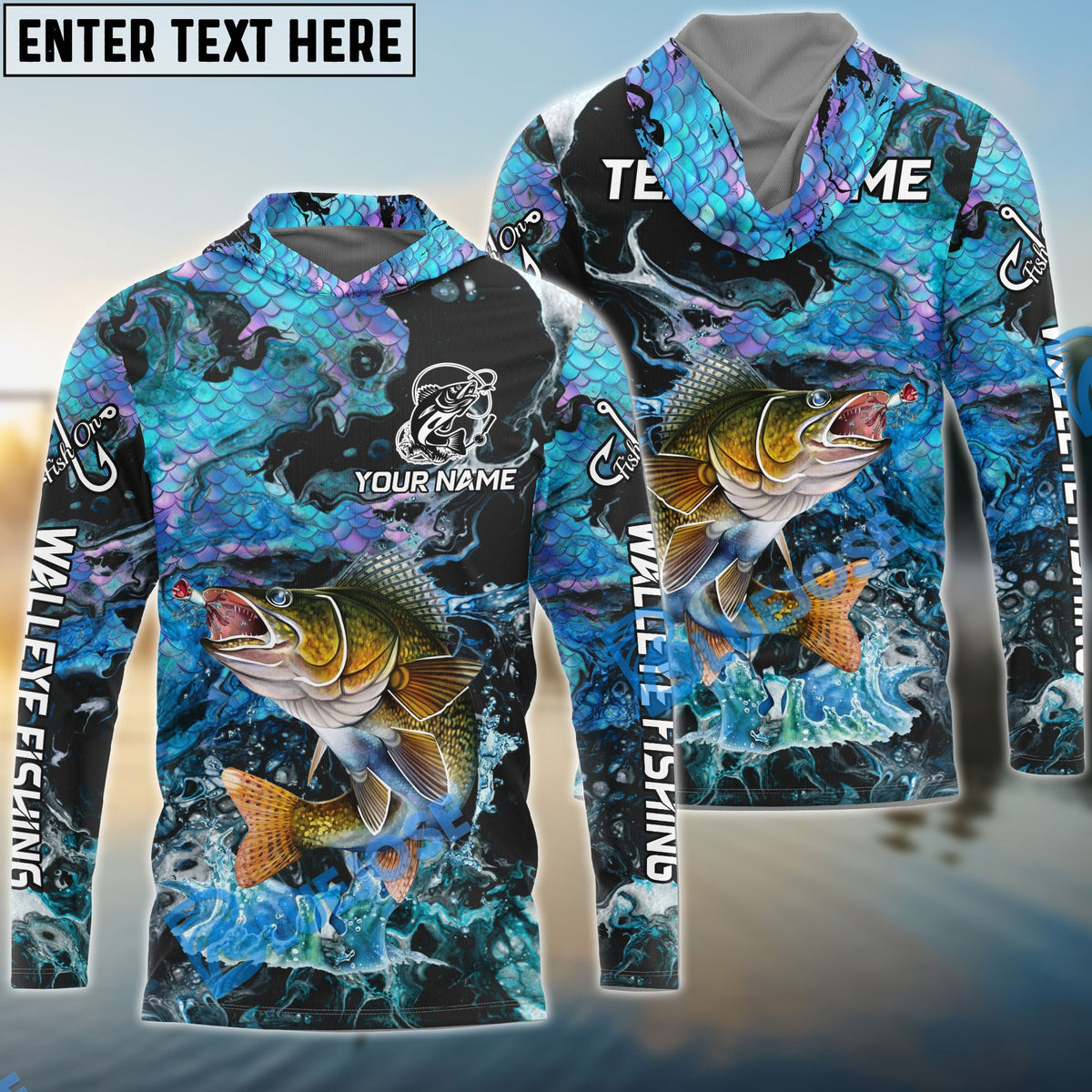 BlueJose Walleye Fishing Blue Fishing Skin Pattern Name & Team Name 3D Shirts