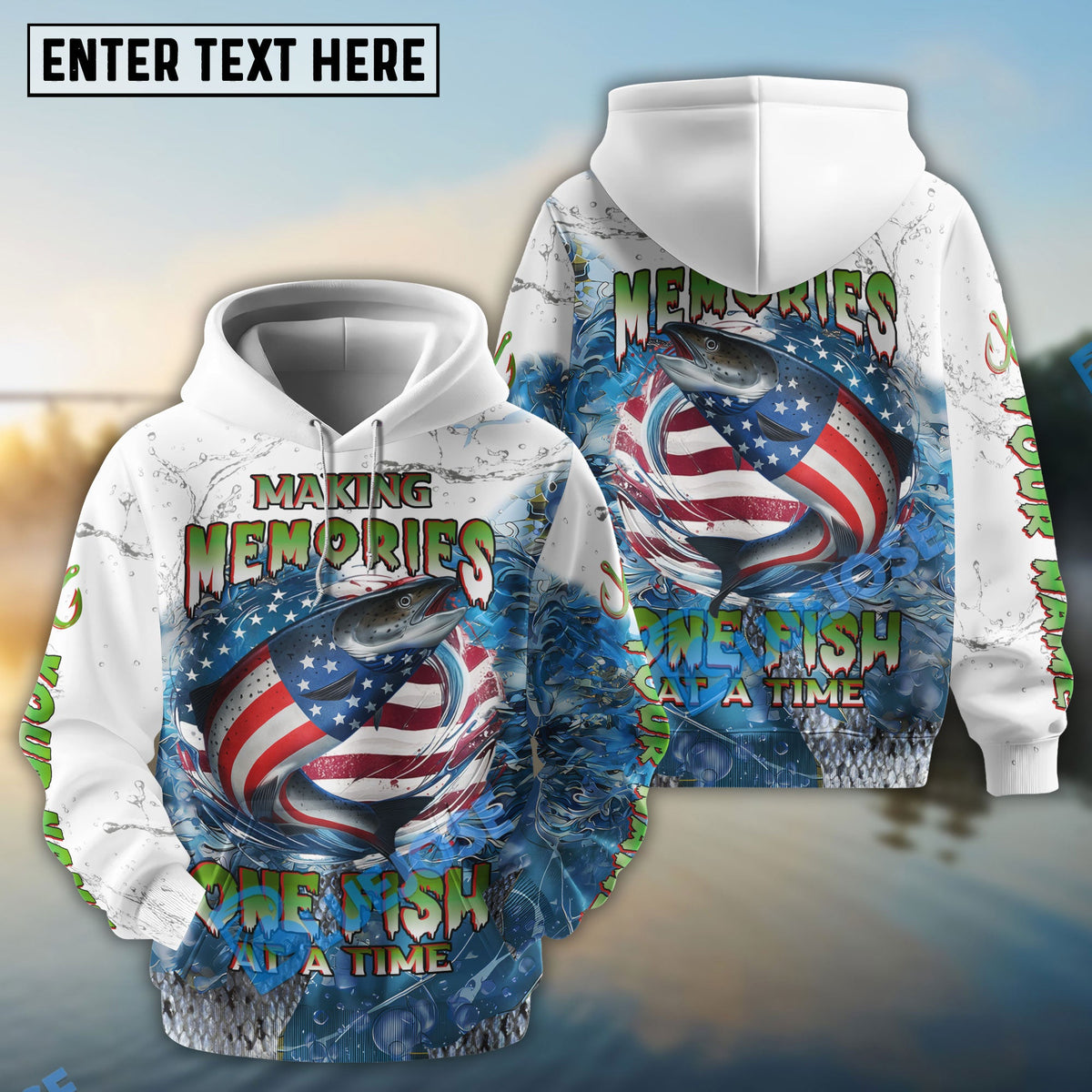 BlueJose Salmon Fishing Patriotic Splash Making Memories One Fish At A Time‚ Custom Name & Team Name 3D Shirts