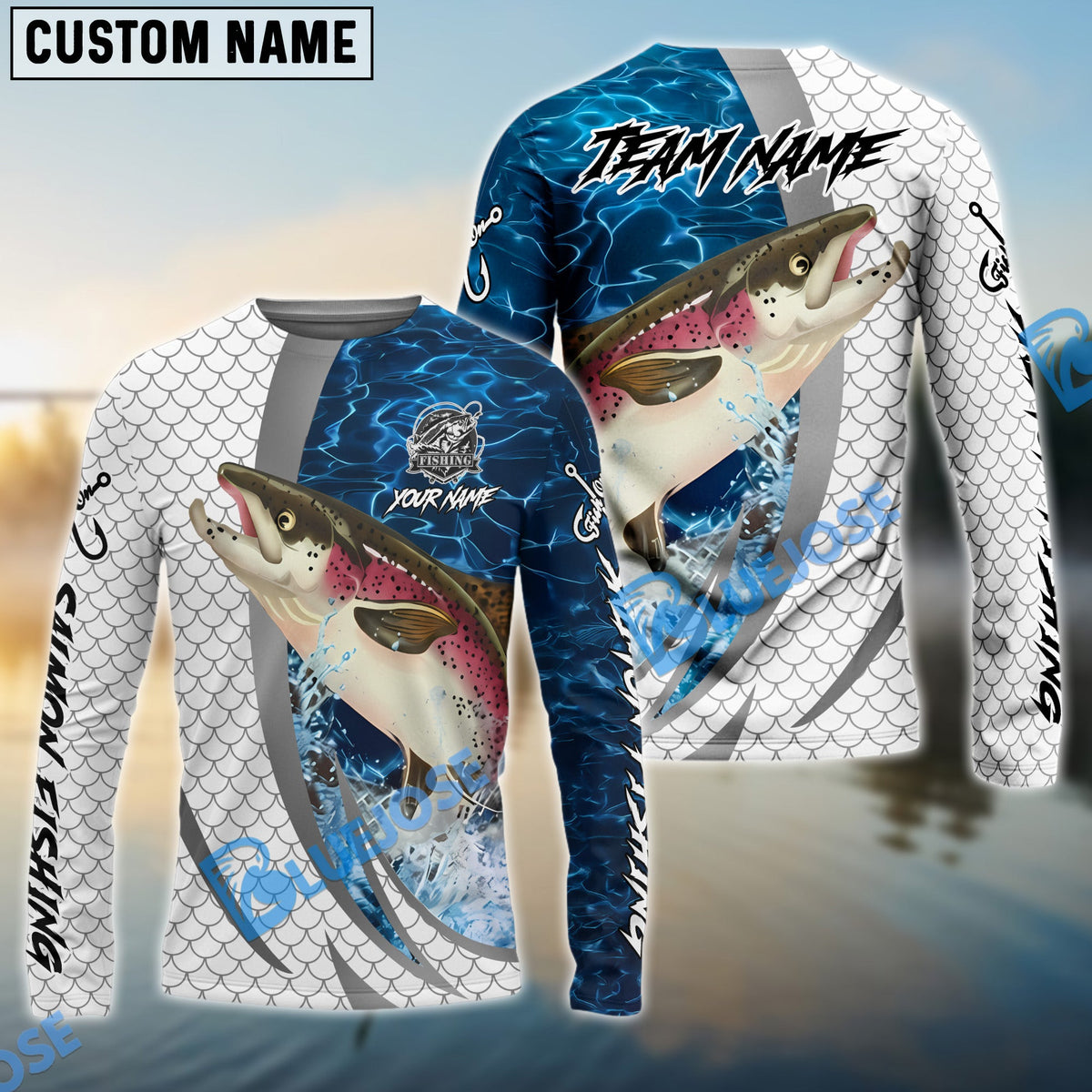 BlueJose Salmon Silver Scale Pattern Realistic Jumping Fish Water Splash Custom Name & Team Name 3D Shirts