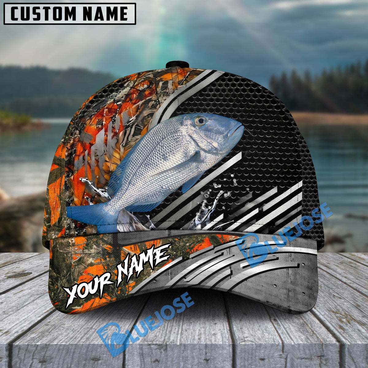 BlueJose Fishing Orange Camo Graphic Personalized Name Classic 3D Cap (13 Breeds)