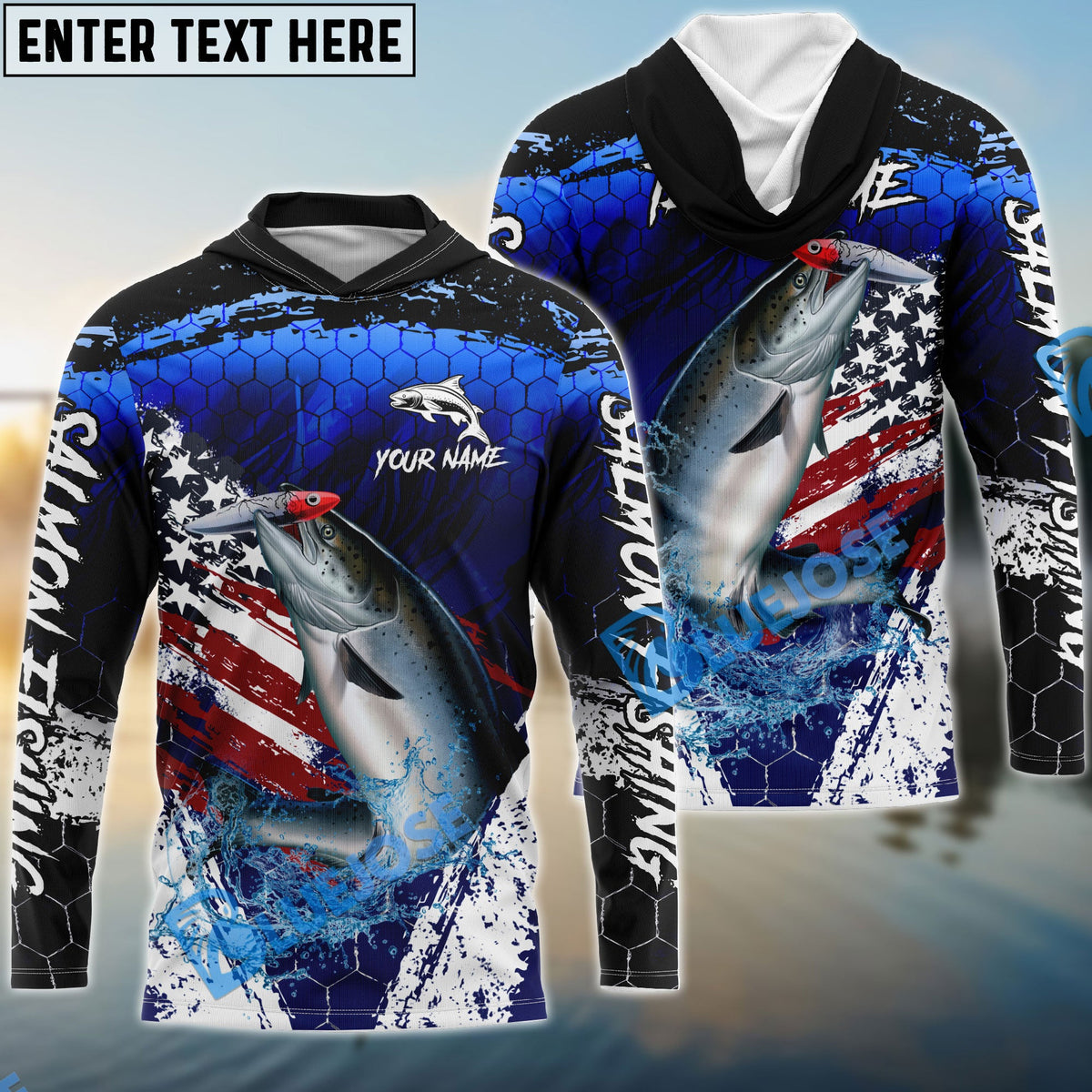 BlueJose Salmon Fishing Dark Blue Scratch American Flag scratch Sport Custom Name & Team Name 3D Shirts